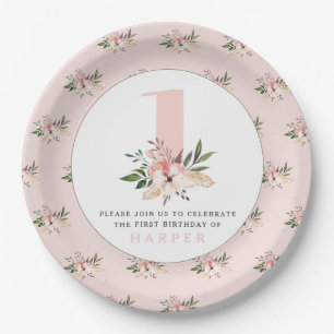 Elegante rosa Blumen Geburtstagspapierplatten. Pappteller