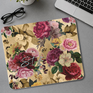 Elegante rosa Blumen gelbes Monogramm Mousepad