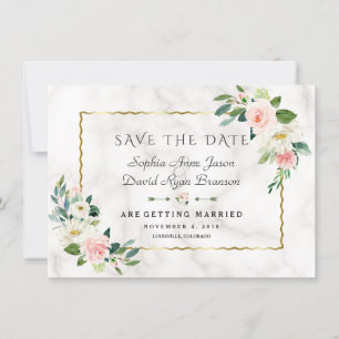 Elegante rosa Blumen Goldrahmen Marmor Hochzeit Save The Date