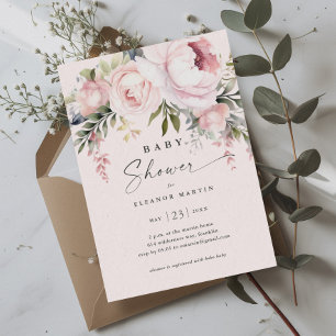 Elegante rosa Blumen Grün Garten Baby Shower Einladung