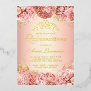 Elegante rosa Blumen-Quinceanera 15. Geburtstag Folieneinladung