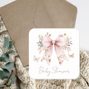 Elegante rosa Blumen-Schleife Mädchen-Baby-Party Quadratischer Aufkleber