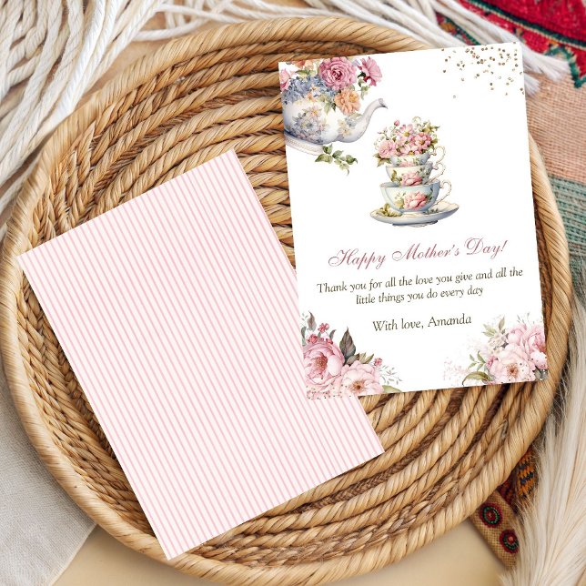 Elegante rosa Blumen-Teetasse Muttertag Karte (Elegant Pink Floral Tea Party Mother’s Day Card)