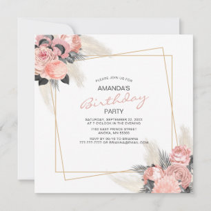 Elegante rosa Blumen und elfenbeinfarbenes Pampas Einladung