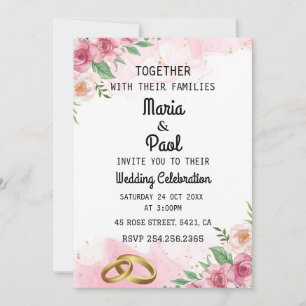 Elegante rosa Blumen und goldene Ringe Hochzeitsei Einladung