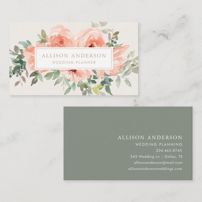 Elegante Rosa Blumen und Grüne Wasserfarbe Visitenkarte (Vorne/Hinten)