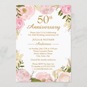 Elegante rosa Blumen zum 50. Hochzeitstag Einladung