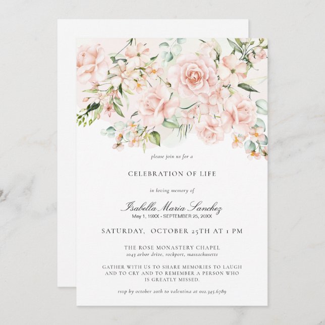 Elegante rosa Blumenfeier zur Beerdigung des Leben Einladung (Vorne/Hinten)