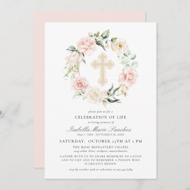 Elegante rosa Blumenfeier zur Beerdigung des Leben Einladung (Vorne/Hinten)