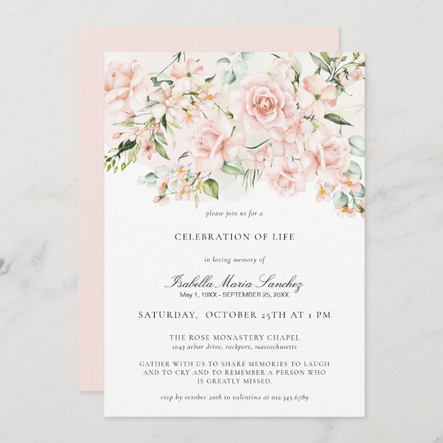 Elegante rosa Blumenfeier zur Beerdigung des Leben Einladung (Vorne/Hinten)