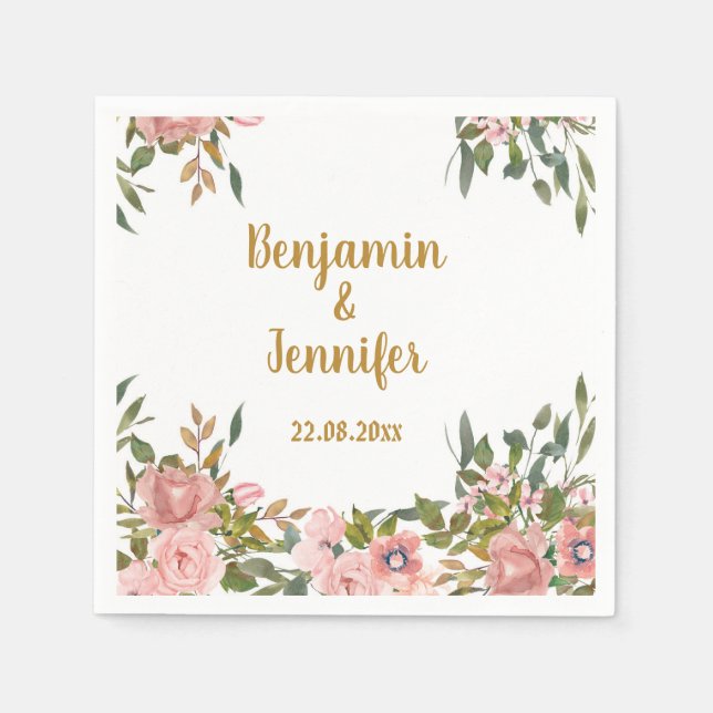 Elegante rosa Blumengrün und goldene Hochzeit Serviette (Vorderseite)