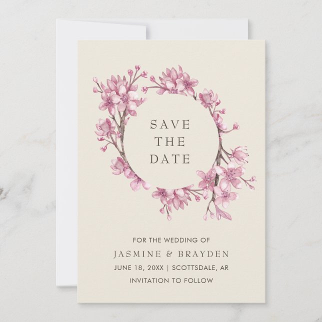 Elegante rosa Blumenkirsche Blossom Hochzeit Save The Date (Vorderseite)