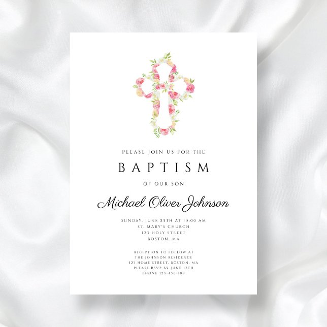 Elegante rosa Blumenkreuz Taufe Einladung (Elegant Floral Pink Cross Baptism Invitation)