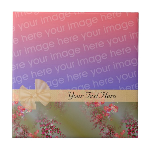 Elegante rosa Blumenmuster Ribbon Ihr Foto Tile Fliese (Vorderseite)