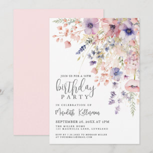 Elegante rosa Blumenparty zum 50. Geburtstag Einladung