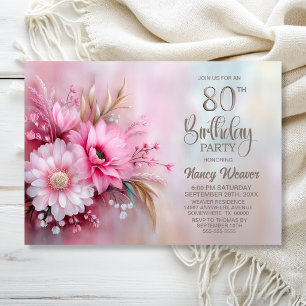 Elegante rosa Blumenparty zum 80. Geburtstag Einladung