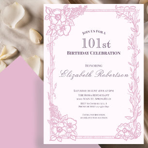Elegante rosa Blumenrand-Damen-101. Geburtstag Einladung