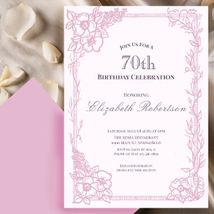 Elegante rosa Blumenrand-Damen-70. Geburtstag Einladung