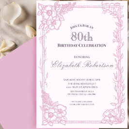 Elegante rosa Blumenrand-Damen-80. Geburtstag Einladung