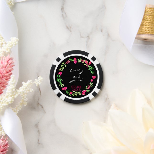 Elegante rosa Blumenreath Black Wedding Pokerchips (Hochzeit)