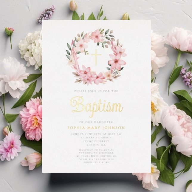 Elegante rosa Blumenreath Girl Taufe Folieneinladung (Elegant Pink Floral Wreath Girl Baptism Foil Invitation)