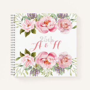 Elegante Rosa Blumenreath Monogram, 25. Hochzeit Notizbuch