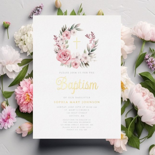 Elegante Rosa Blumenreath Taufe Gold Folieneinladung (Elegant Pink Floral Wreath Girl Baptism Gold Foil Invitation)