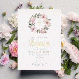 Elegante Rosa Blumenreath Taufe Gold Folieneinladung