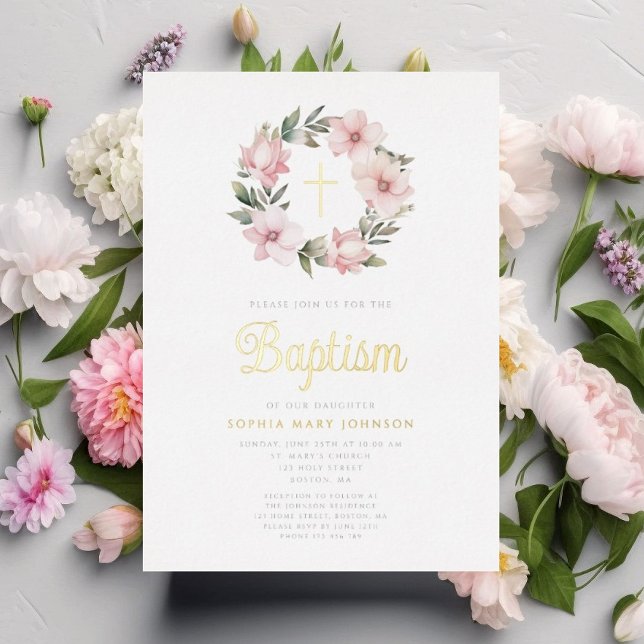Elegante Rosa Blumenreath Taufe Gold Folieneinladung (Elegant Pink Floral Wreath Girl Baptism Gold Foil Invitation)