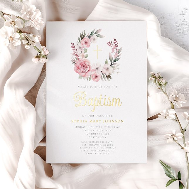 Elegante Rosa Blumenreath Taufe Gold Folieneinladung (Elegant Pink Floral Wreath Girl Baptism Gold Foil Invitation)
