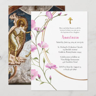 Elegante rosa Blumenrebe orthodoxe Taufe Einladung
