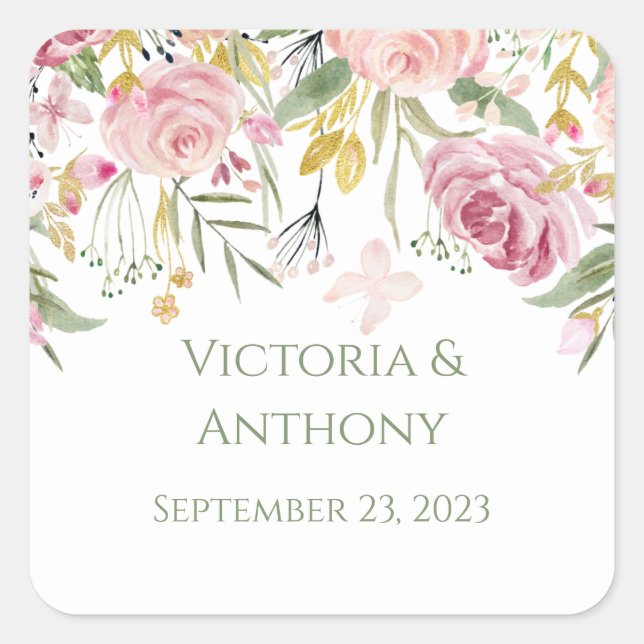 Elegante rosa Blumenschrift Quadratischer Aufkleber (Vorderseite)