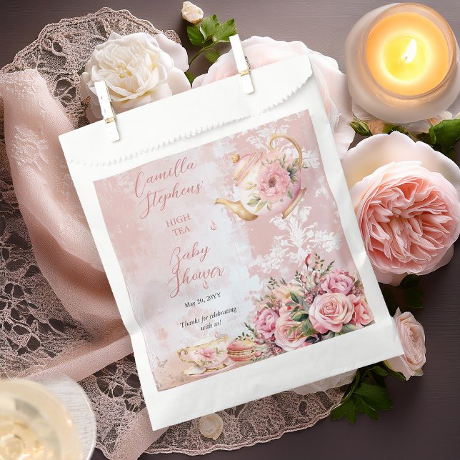 Elegante Rosa Blumenstrauß Teatro Sociale Bellinzo Geschenktütchen (Elegant Pink Roses Floral High Tea Teapot and Teacup Girl Baby Shower Favor Bags)