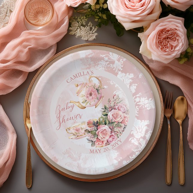 Elegante Rosa Blumenstrauß Teatro Sociale Bellinzo Pappteller (Elegant Pink Roses Floral High Tea Teapot and Teacup Girl Baby Shower Paper Plates)
