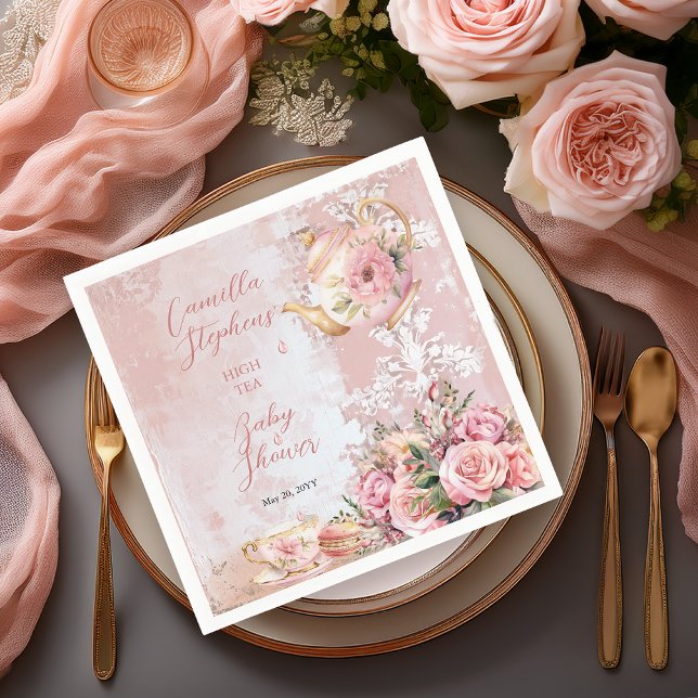 Elegante Rosa Blumenstrauß Teatro Sociale Bellinzo Serviette (Elegant Pink Roses Floral High Tea Teapot and Teacup Girl Baby Shower Paper Napkins)