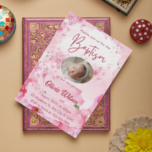 Elegante rosa Blumentaufen Einladung zum Baby