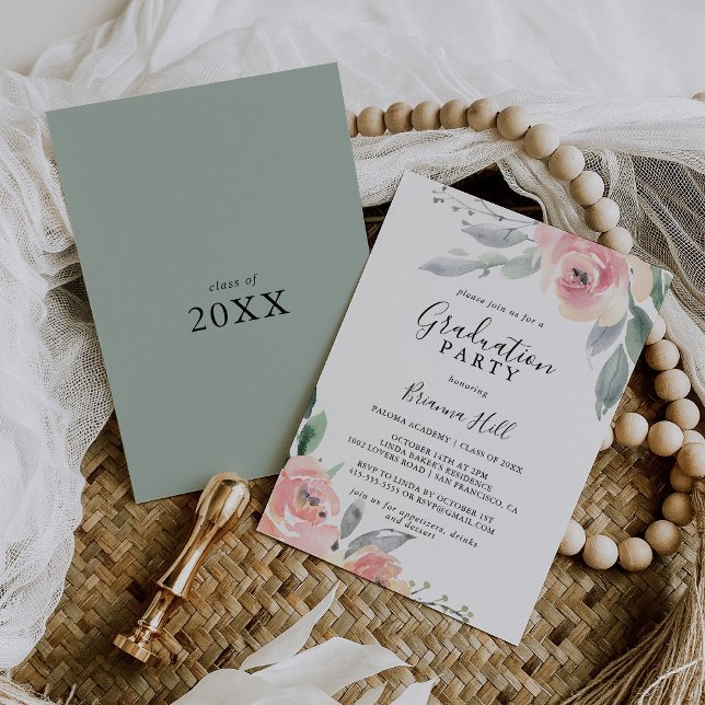 Elegante Rosa Blush Bloral Graduation Party Einladung (Von Creator hochgeladen)
