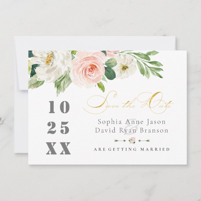 Elegante Rosa Blush Blume Hochzeit Gold Save The Date (Vorderseite)