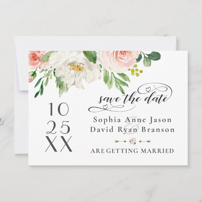 Elegante Rosa Blush-Blume Hochzeitshandschrift Save The Date (Vorderseite)