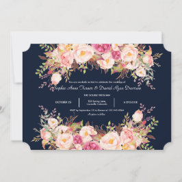Elegante Rosa Blush Blume Navy Blue Wedding Einladung