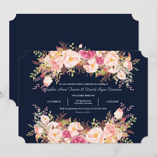 Elegante Rosa Blush Blume Navy Blue Wedding Einladung (Vorne/Hinten)