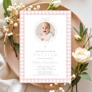 Elegante Rosa-Blush-Bogen-Foto Mädchen-Taufe Einladung
