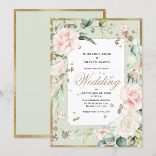 Elegante Rosa Blush Gold Bloral Hochzeit Einladung