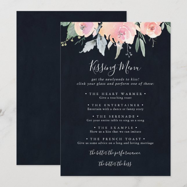Elegante Rosa Blush Wedding Kissing Menu Game Card (Vorne/Hinten)