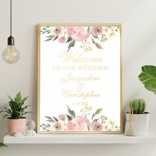 Elegante rosa Blüte Willkommen bei unserer Hochzei Foliendrucke