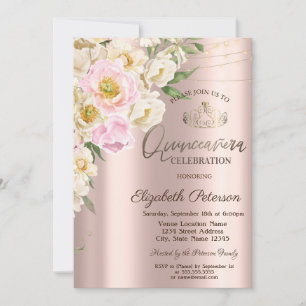 Elegante rosa Blüten Rosen Gold Quinceañera Einladung