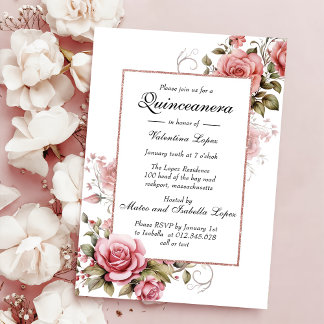Elegante Rosa Blütenfarben Quinceanera Einladung