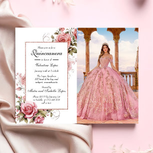 Elegante Rosa Blütenfarben Quinceanera Einladung