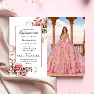 Elegante Rosa Blütenfarben Quinceanera Einladung