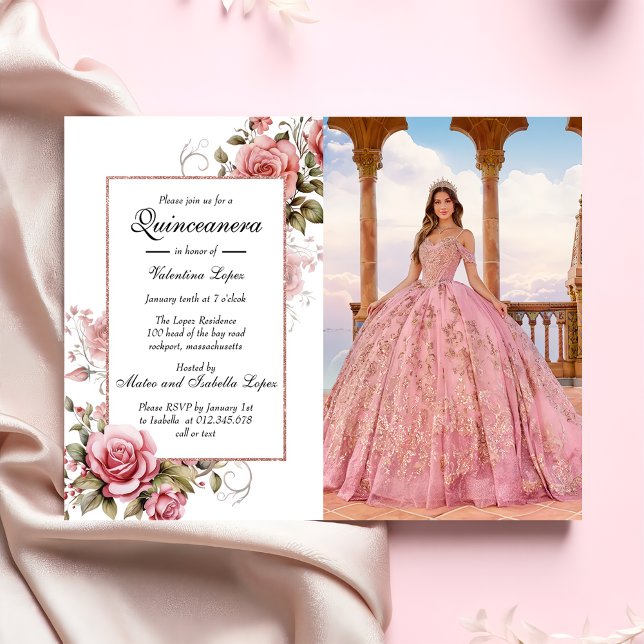 Elegante Rosa Blütenfarben Quinceanera Einladung (Von Creator hochgeladen)